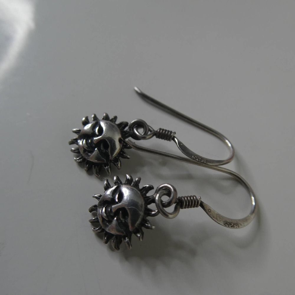 Sterling Silver Sun Face Dangle Fishhook Earrings… - image 4